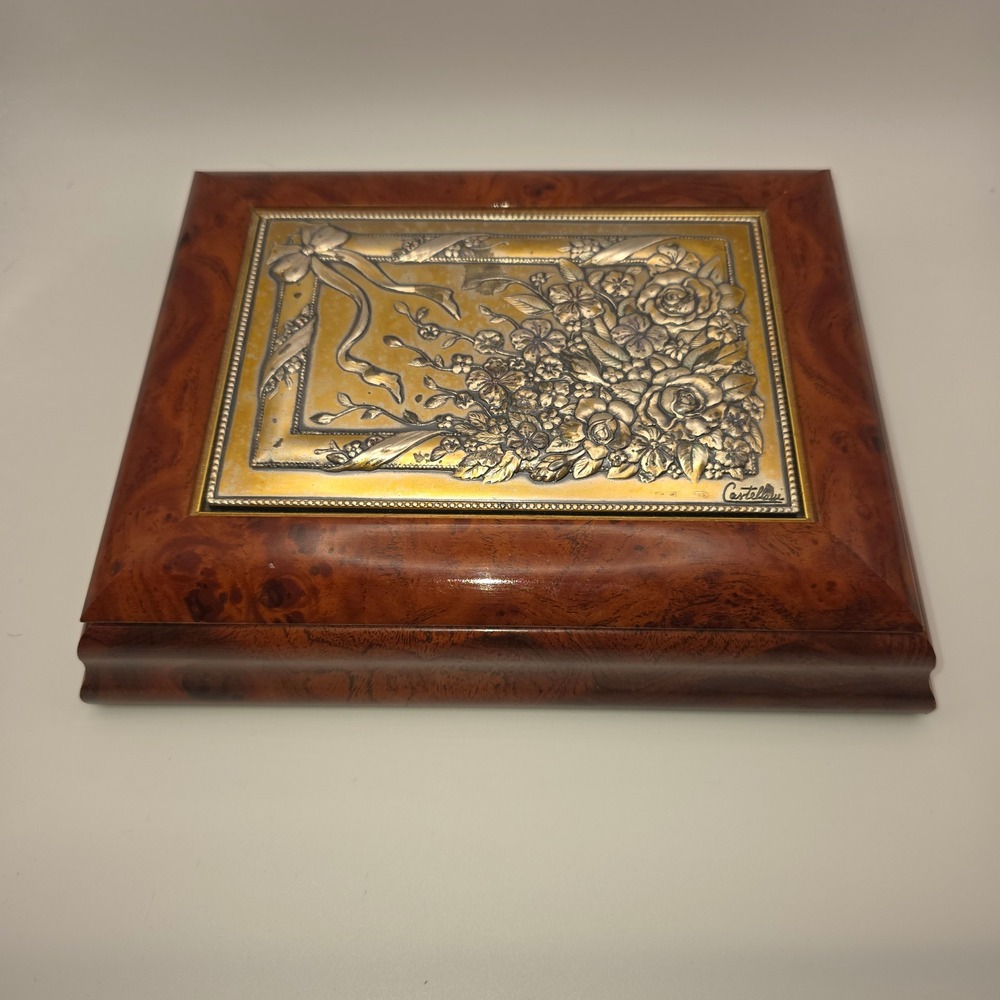 Acca Italy Burl Wood Jewelry Box Castellani‎ Floral Sterling Silver 925 Trinket